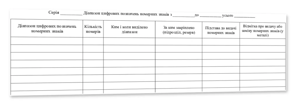 Книга обліку діапазонів номерних знаків машин і причепів, Наказ 184, додаток 3, прошнурована, пронумерована